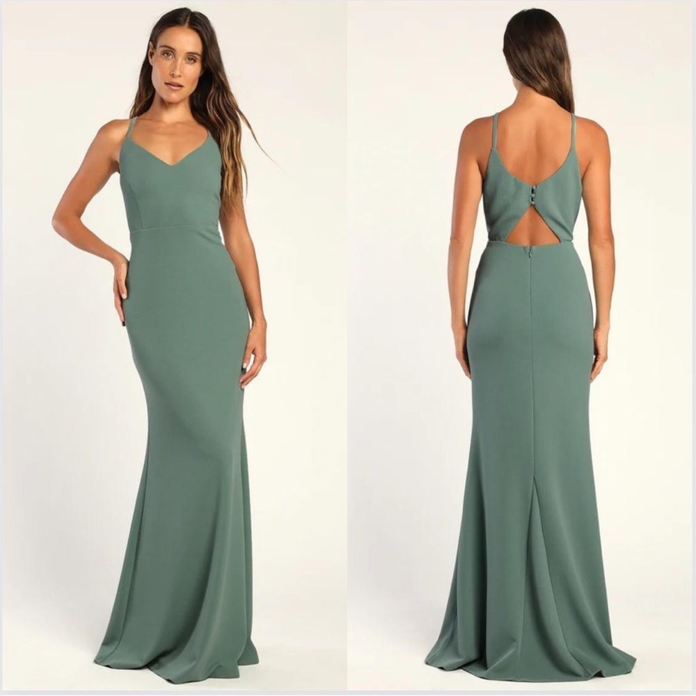 NWT Lulu’s Moments Of Bliss Dusty Seafoam Backless Mermaid Maxi Dress Green